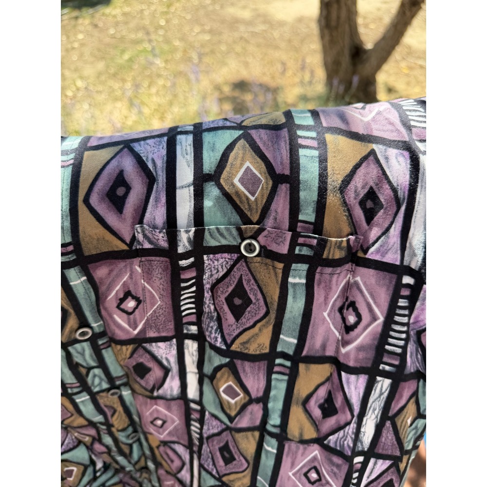 Vintage 90s City Streets Rayon Abstract Geometric Button Up Shirt XL Purple Teal